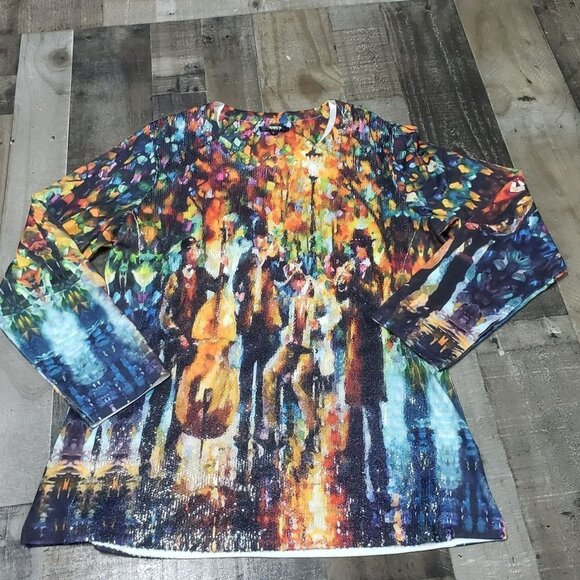 𝅺TESA Moda Glowing Music Painting Blouse Sequins Art To Wear Water Color M - Picture 12 of 12